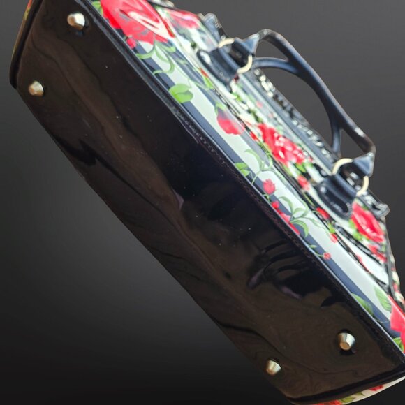 Y2K Glossy Top Handle Shoulder Bag Black White Striped Red Rose Floral Emo Goth - Picture 7 of 14